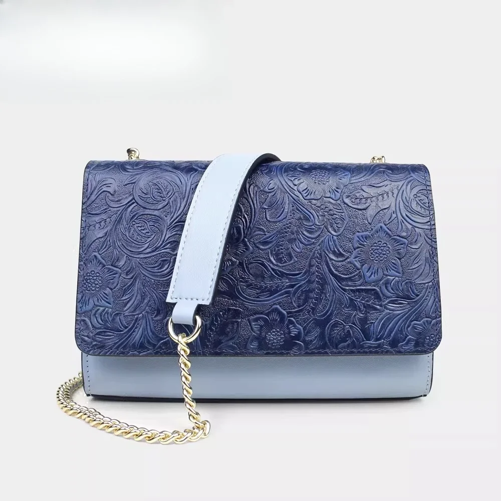Handmade leather women's shoulder bag first layer cowhide casual versatile messenger bag Chinese style engraved chain bag