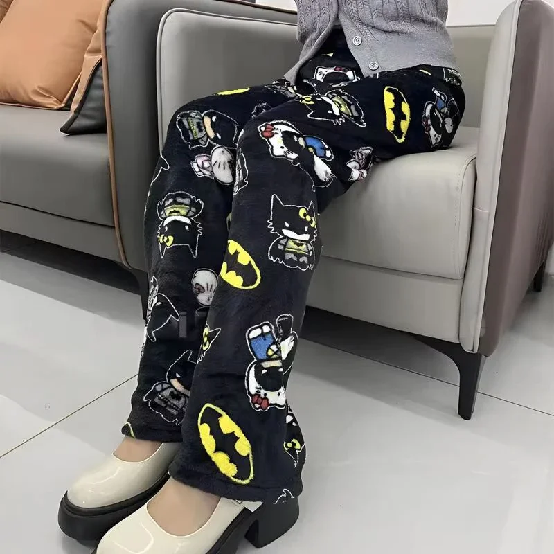 Olá kitty batman pijama novo sanrio y2k outono calças dos desenhos animados hip hop senhoras quente casual flanela bonito calças estilo de pelúcia roupas