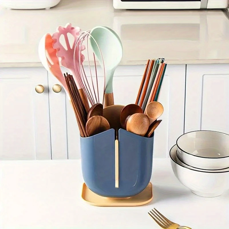 Multi-Compartment Plastic Utensil Holder, Kitchen Organizing Caddy With Draining Design For Cutlery , Chopsticks Tub For  Use, E