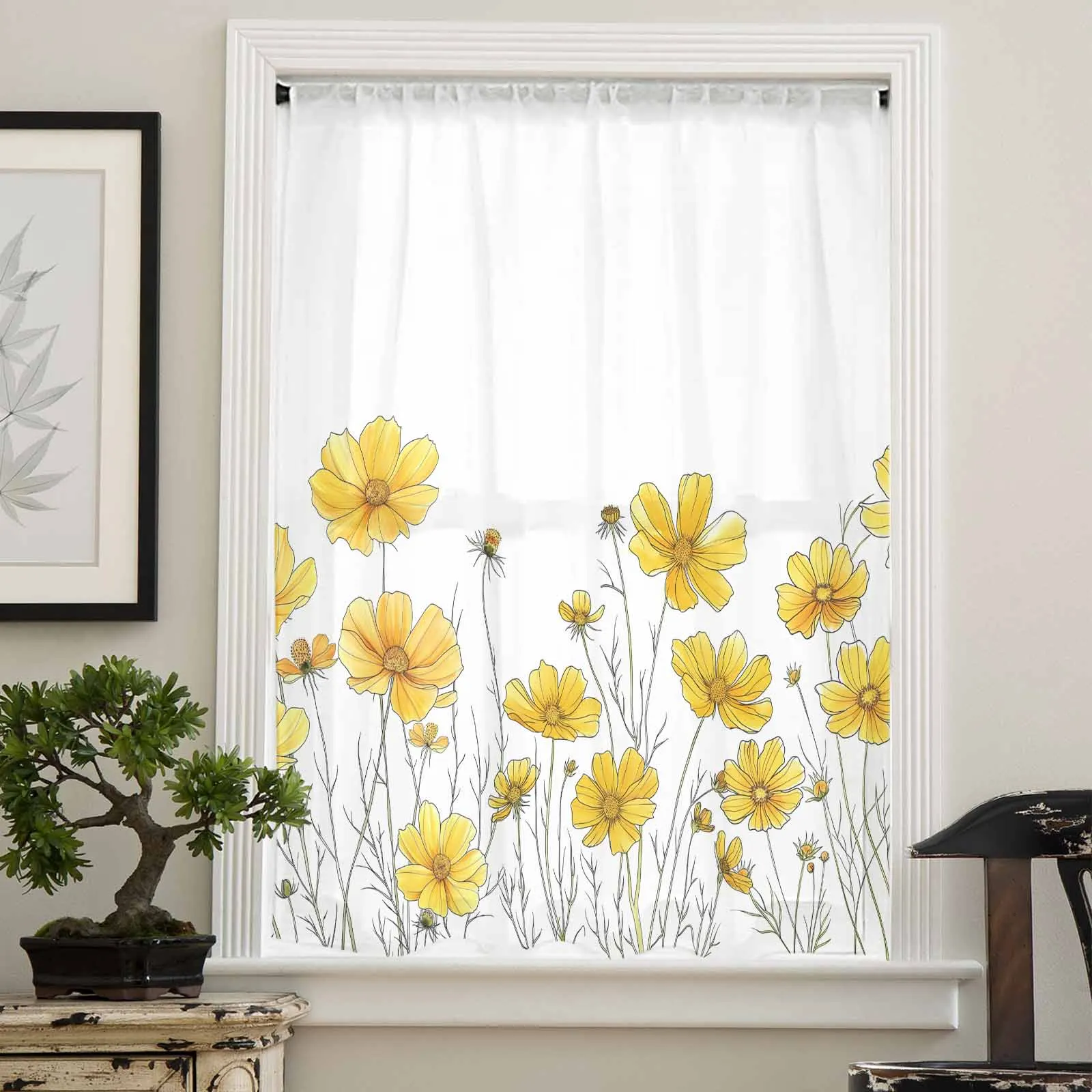 Minimalist Floral Watercolor Style Chrysanthemums Sheer Curtain Living Room Drapes Home Voile Curtain Tulle Window Curtain