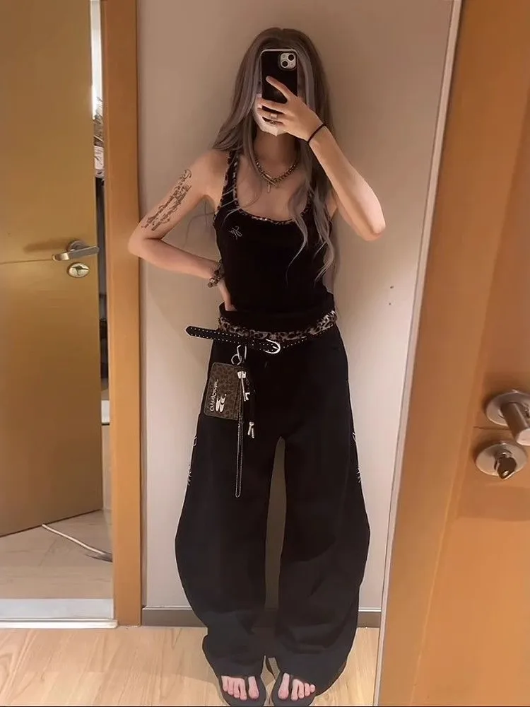 Coreano popular high street quente menina carta flor bordado jeans feminino y2k calças de perna larga de cintura alta até o chão