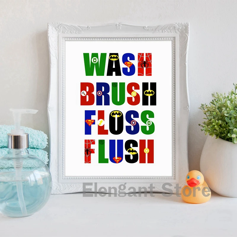 Superheroes Alphabet Print Boys Room Wall Decor, Wash Brush Flush Canvas Painting Bathroom Sign Kids Avengers Art Poster
