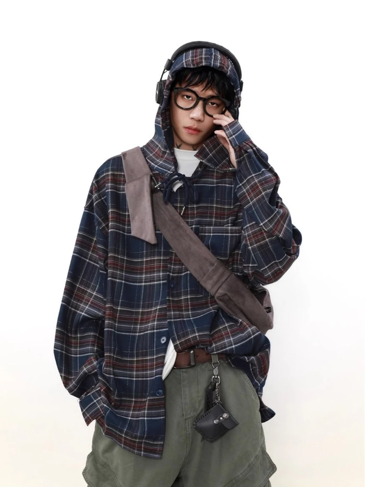 HOUZHOU Vintage American Style Plaid Shirts Hooded Women Man Oversized Checked Long Sleeve Top Harajuku Retro Jackets Streetwear