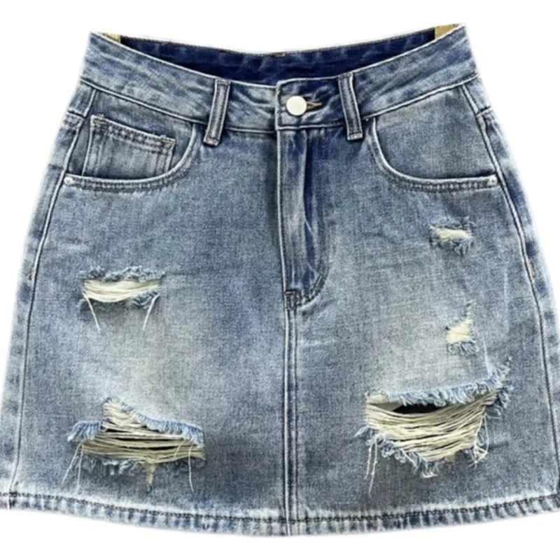

New Spring Summer Mini Denim Skirt Women High Waist Fashion Casual Hole A-Line Skirt q853