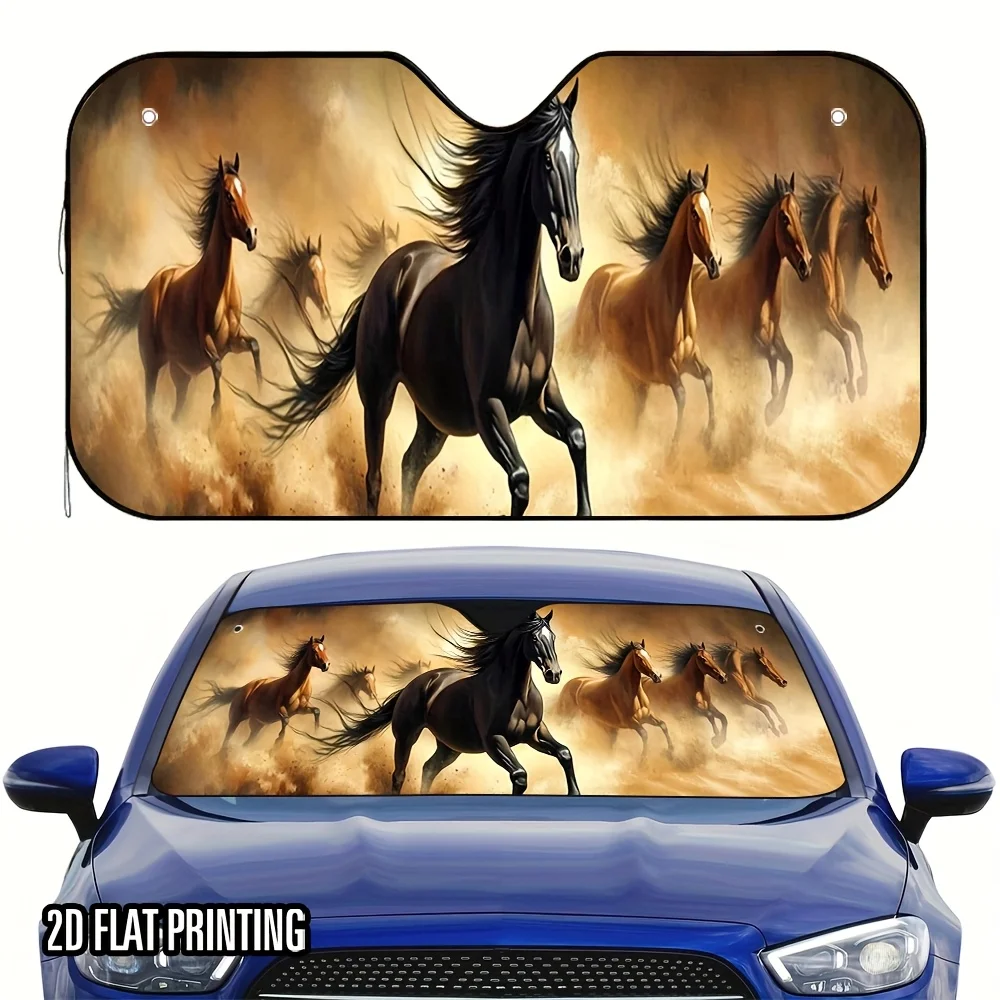 

1pc 2D Flat A Group Of Galloping Horses Design Sunshade – Stylish & Cool, Includes 4 Suction Cups For Easy Setup, Foldable For
