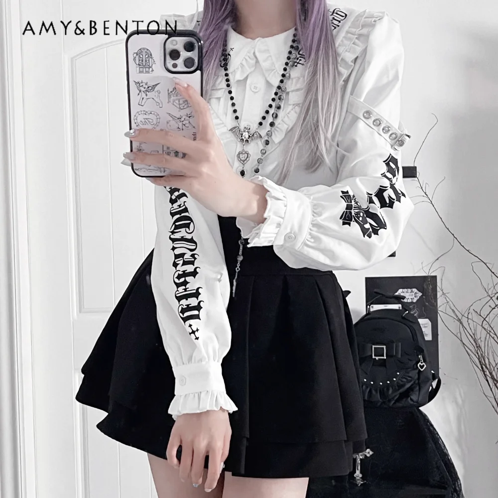 Harajuku Style Printed Subculture Dark Slim-fitting Long-sleeved Shirt Japanese Doll Collar Ruffle Edge Punk Shirt Womens Tops