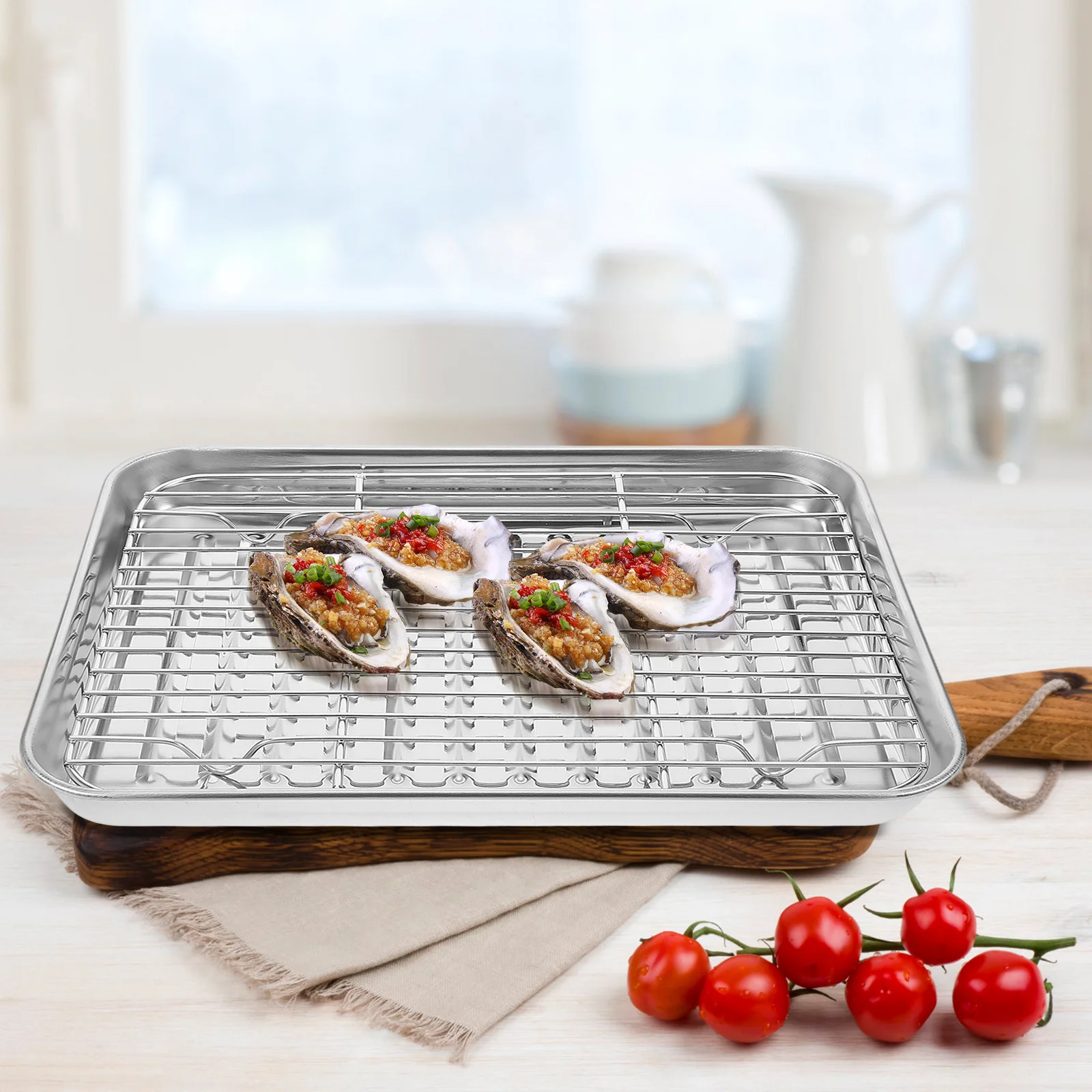 

1Set Stainless Steel Baking Tray with Wire Rack Oil Draining Roasting Pan for Fried Food Serving Snacks Storage Tray