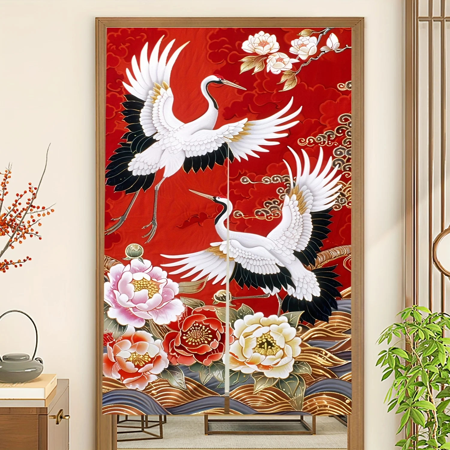 1pc Red floral flying crane pattern door curtain, polyester fabric, machine washable, suitable for restaurant kitchen decoration