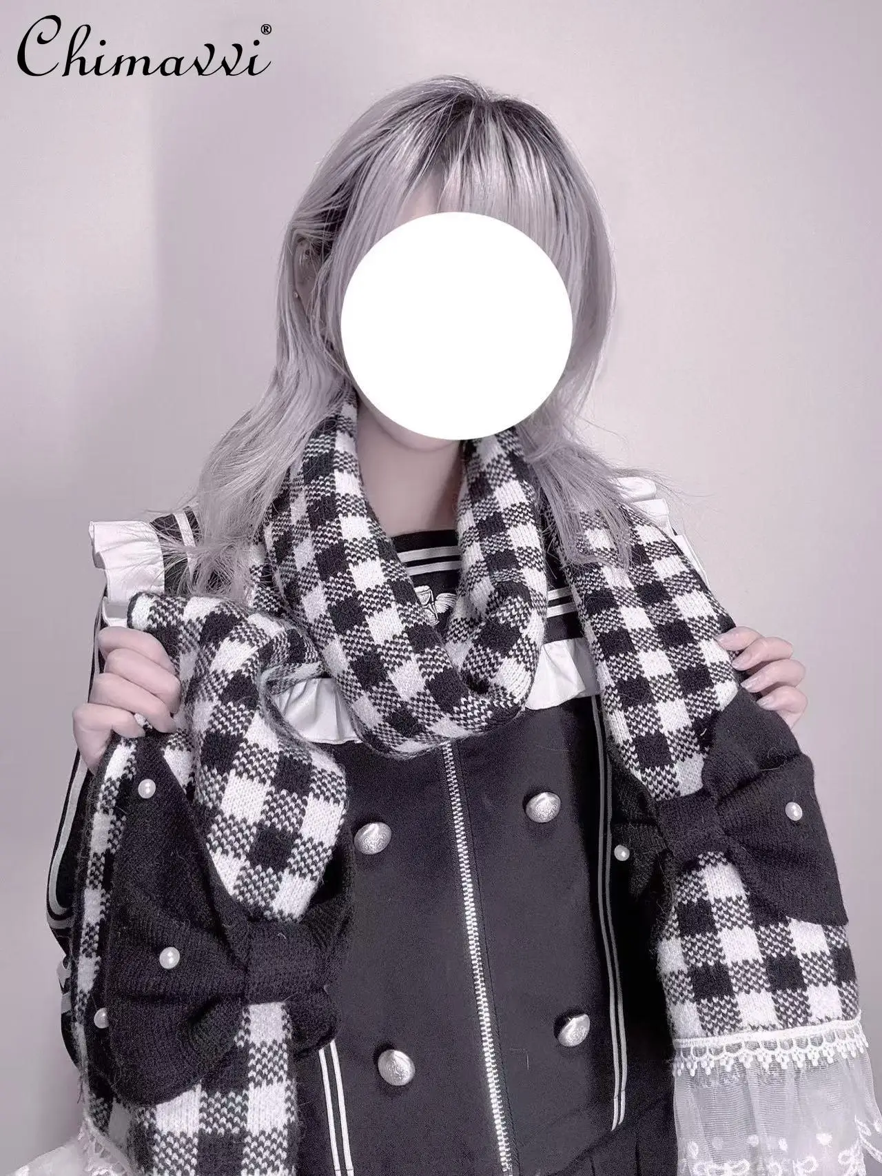 オリジナル和菓子ガールパールリボン毛玉スカーフ冬の新プリンセスレーススプライシングニット量産気質スカーフ