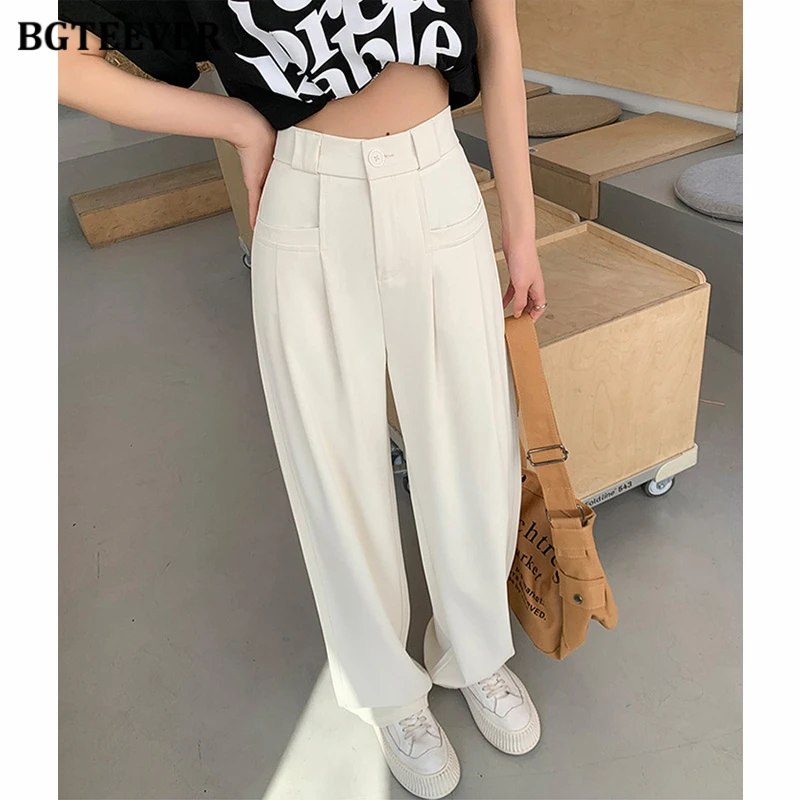 BGTEEVER Summer Loose Pockets Female Wide Leg Trousers High Waist Ice Tough Ladies Pants Casual Women Long Pants