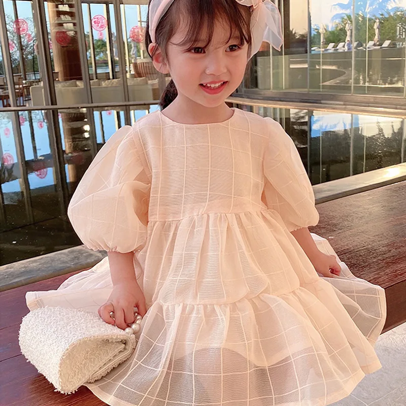Girls' Dress with Puff Sleeves, Mesh Breathable Princess Dress25Summer New Foreign Trade Children's Wear Delivery