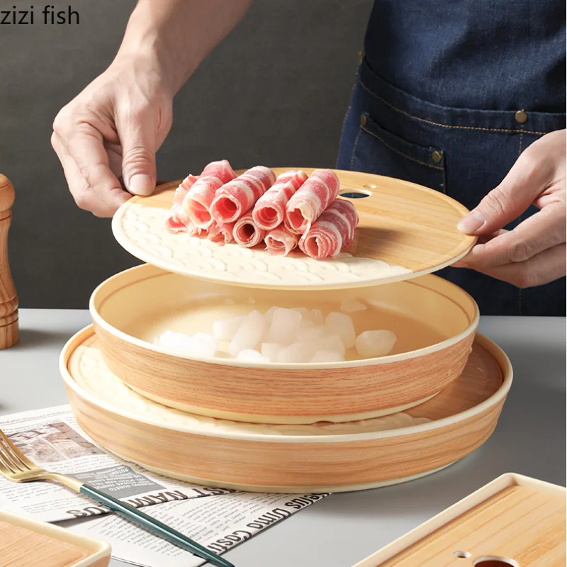 Plastic Dry Ice Tray Restaurant Tableware Imitation Wood Grain Dinner Plate Tea Tray Sashimi Plat Serving Plates Sushi Plates