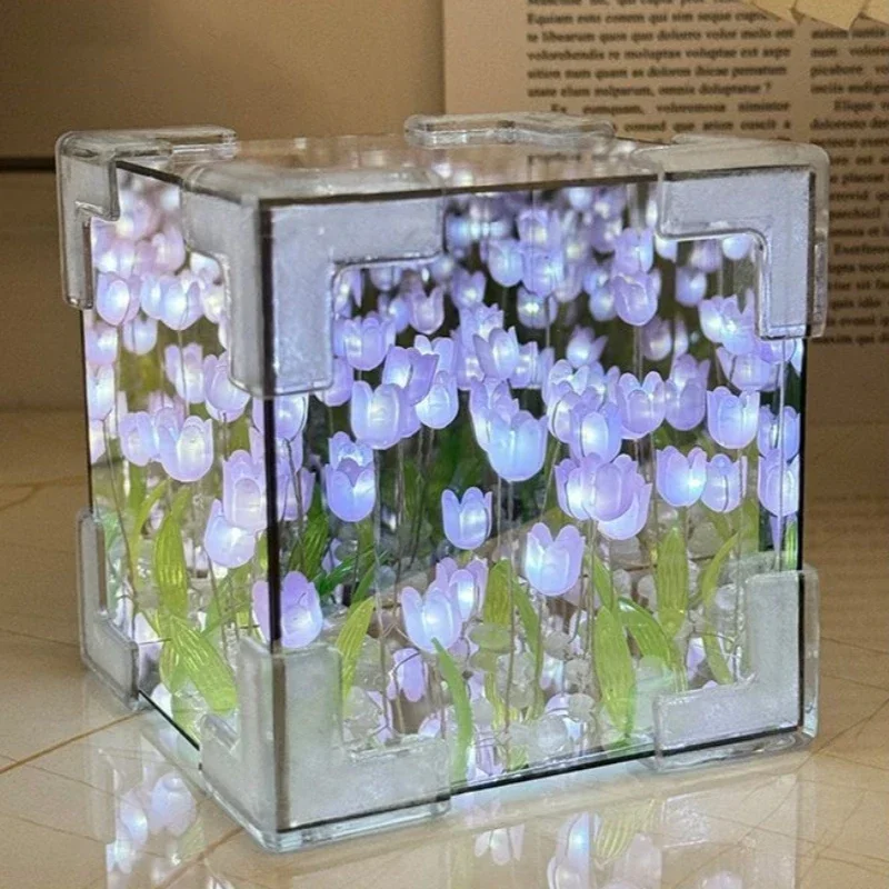 DIY Tulip Mirror Cube Lamp Simulation Flower Bedroom Sleeping Table Lamp Handmade Craft Tulip Mirror Night Light Birthday GiftS