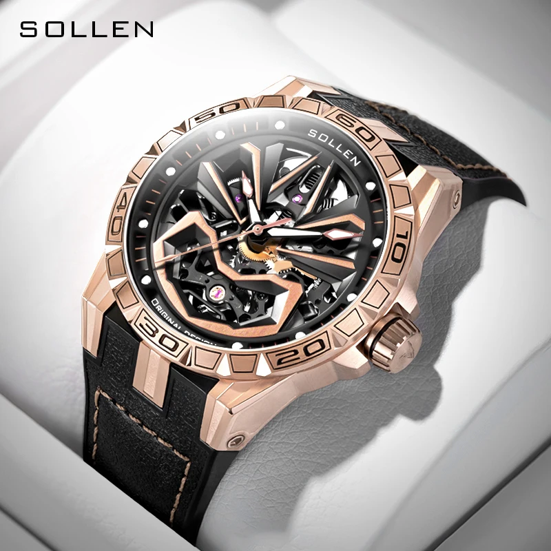 Luxury Brand SOLLEN Import Automatic Mechanical Sapphire Men's Watches Luminous 50M Waterproof Skeleton Smiling face Clock SL328