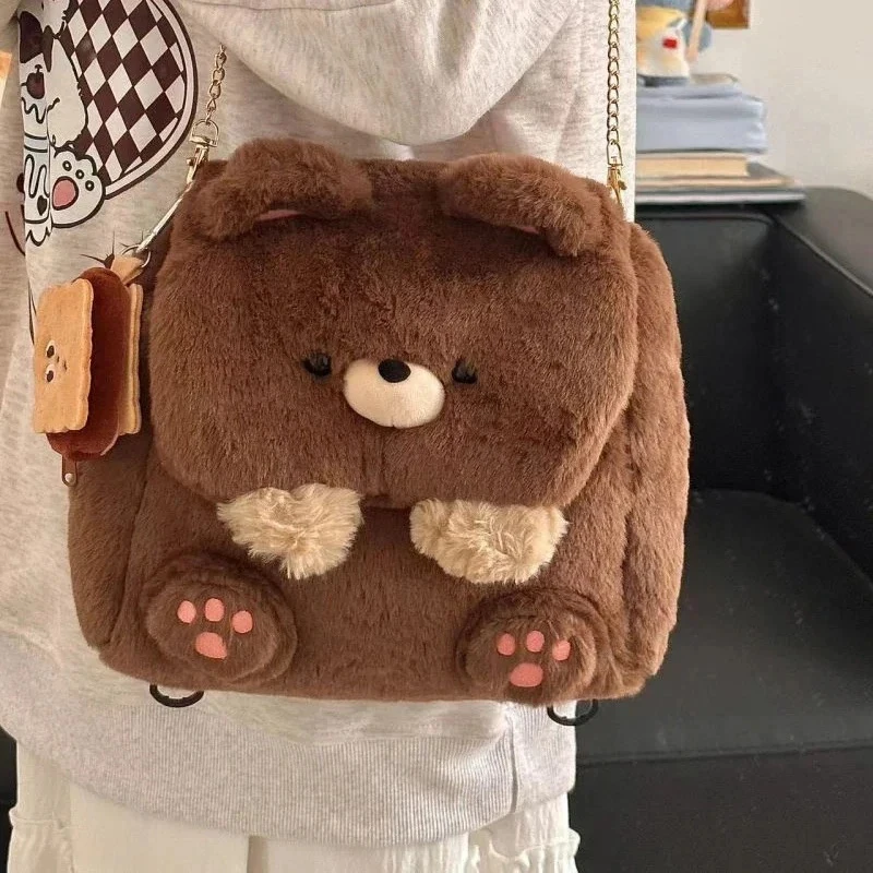 Kawaii Plush Bear Cartoon Backpack Large Capacity Student Schoolbag Crossbody Storage Daypack