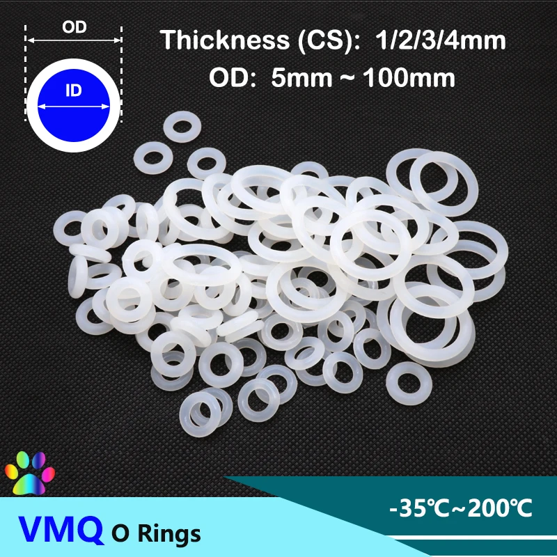 

50pcs White VMQ O Ring Gasket Thickness CS 1/2/3/4mm Food Grade Nontoxic Washer Round O Shape Silicone Rubber Seal Gaskets