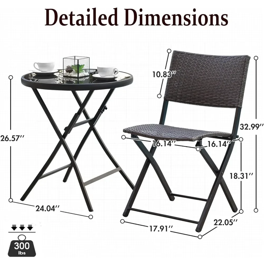 3 Pieces Outdoor Patio Bistro Set, Wicker Patio Furniture Sets with Folding Patio Round Table and Chairs for Garden, Backyard