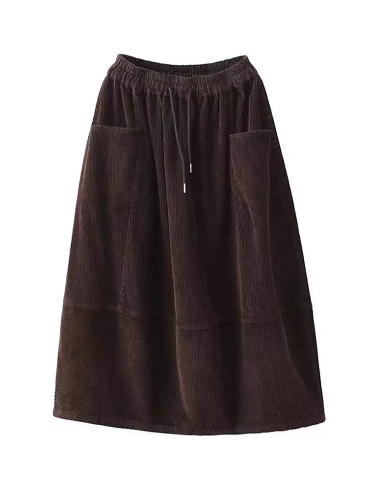 Amax luluE British Fashion Clothes Womens Winter Loose Corduroy Skirts Ladies Leisure Classic Elegant Elastic Waist Streetwear