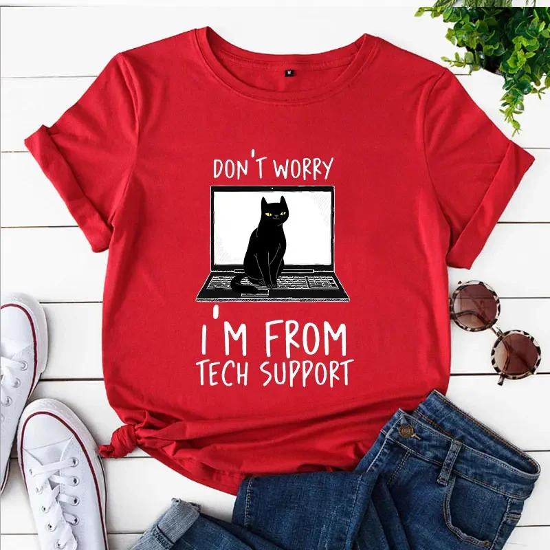 

Women Short Sleeve Tops Funny Graphic Casual Tee Ladies Fashion T-shirts Black Cat I'm From Tech Support Don't Worry Red Clothes