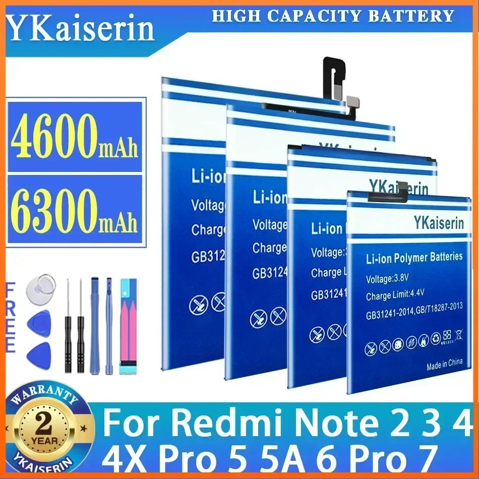 YKaiserin Battery For Xiaomi Redmi Note 2 3 4 4X 5 5A 6 7 Pro Note2 Note3 Note4 Note4X Pro Note5 For Xiaomi Mi 5X Note 2 Note2