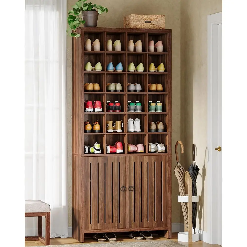

Farmhouse-Style Wooden Shoe Cabinet with 24 Compartments & 3 Hidden Shelves for Entryway, Brown