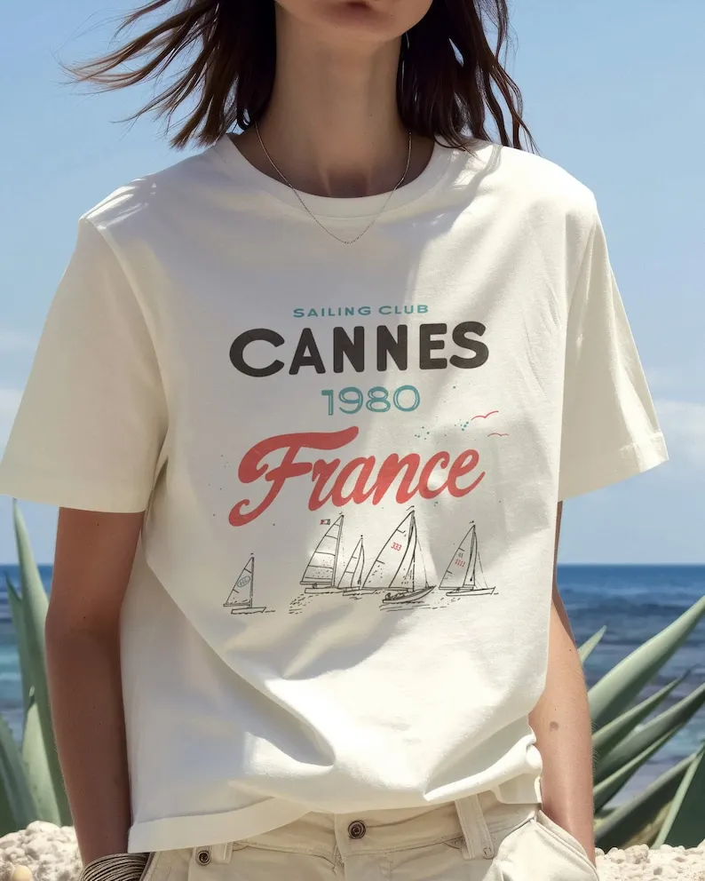 Camiseta del Club de navegación de Cannes Francia, camiseta con gráfico náutico, camisa de vela Retro estilo Riviera francesa costera, Camiseta de algodón suave Unisex