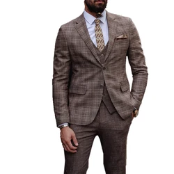 Checkered Pinstripe Men's Suit 3 Pieces Blazer Pants Single Business Formal Work Wear Wedding Groom Plus Size Costume Homme