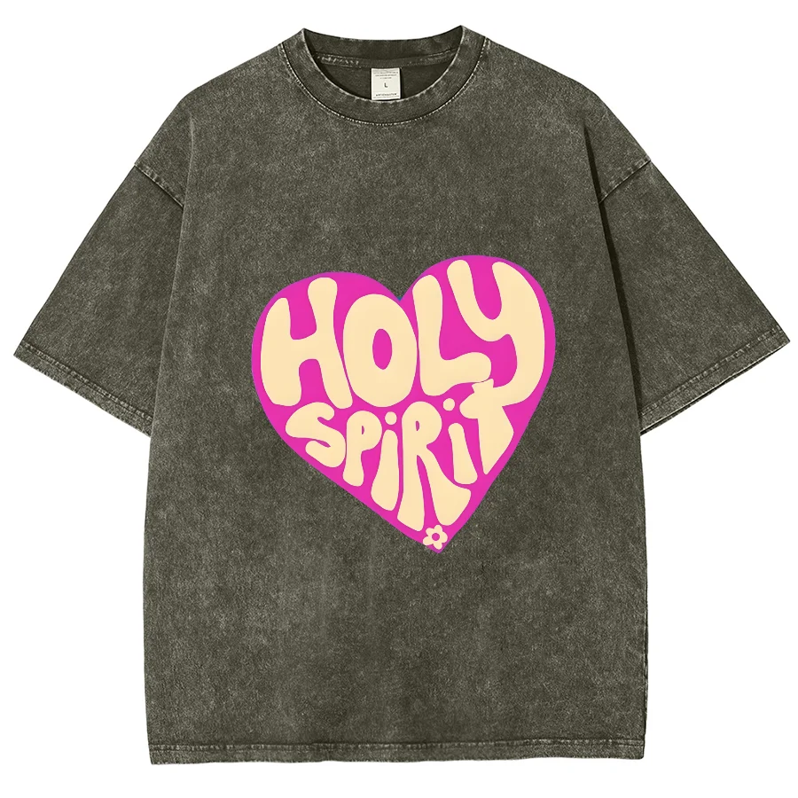 Holy Spirit You Y2k Washed Short Sleeve T-Shirt, Cartoon Creative Printed Unisex Vintage Streetwear New Fashion Casual Plus-Size