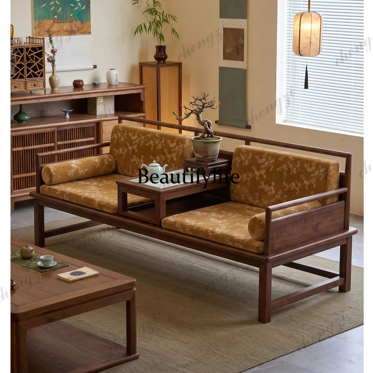 Song-style aesthetics, solid wood arhat bed, new Chinese elm living room sofa bed, tea room Zen-style long lounge chair 5