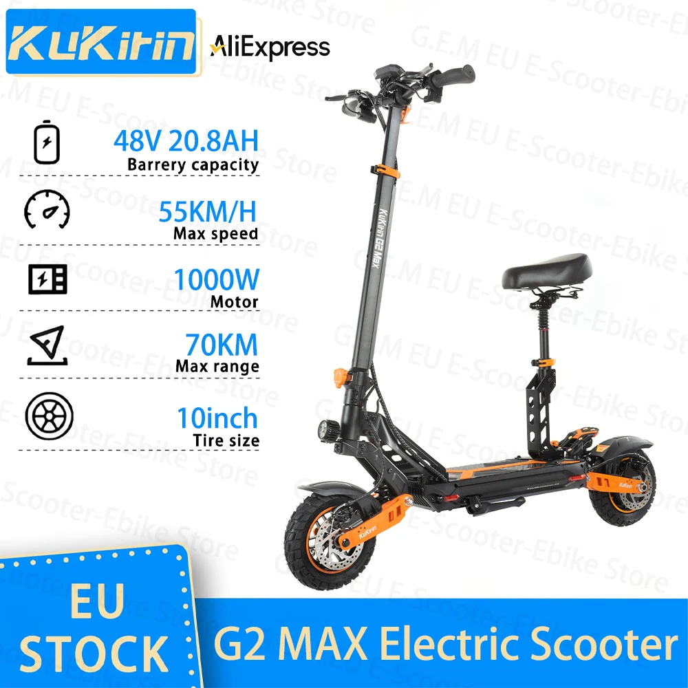 Monopattino elettrico pieghevole KuKirin G2 MAX, motore da 1000 W, batteria da 48 V e 20,8 Ah, autonomia di 70 km, velocità massima di 55 km/h, pneumatici da 10" per tutti i tipi di terreno.