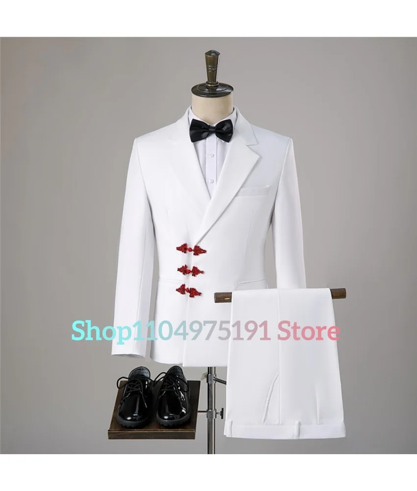 طقم بدلة سوداء للرجال عالي الجودة مع أزرار عقدة صينية حمراء رسمية بقصة ضيقة لحفلات الزفاف والمناسبات، فساتين الحفلات #5