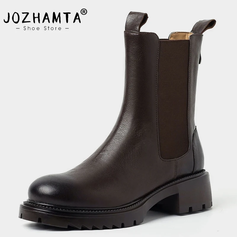 JOZHAMTA Size 34-42 Chelsea Boots Women Genuine Leather Retro Chunky Heels Winter Shoes Woman Elastic Band Platform Ankle Boots