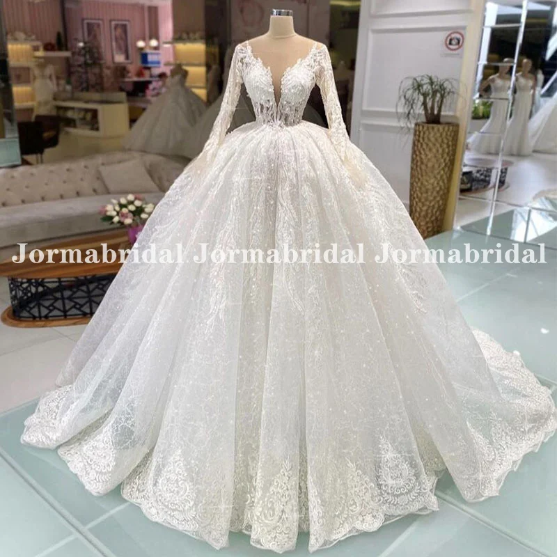 Princess V-neck Ball Gown Wedding Dress with Illusion Long Sleeve Luxury Glitter Lace Applique Custom Bridal Gowns Robe Mariage