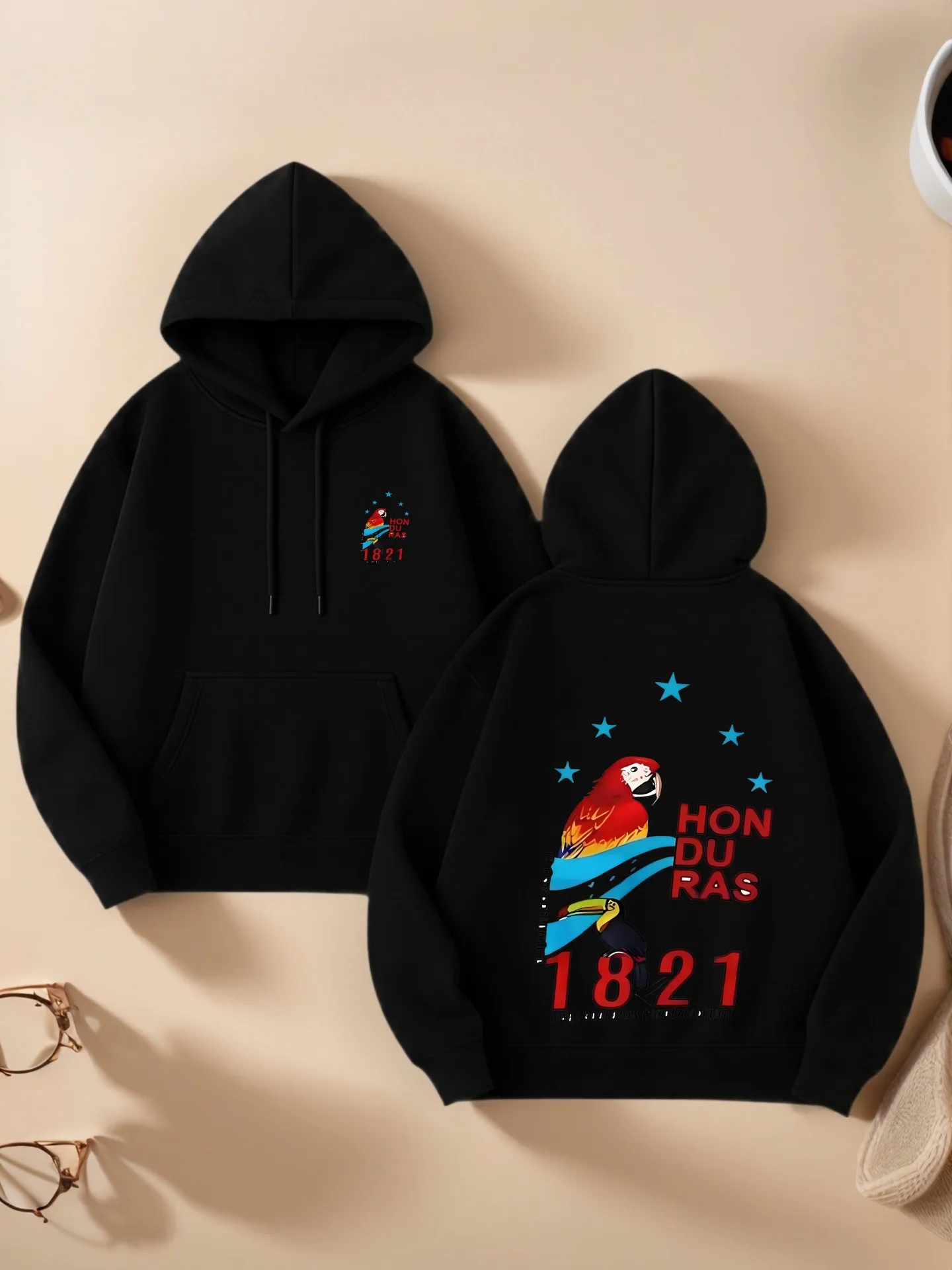 

Graphic Hoodie Women, Parrot & Text Graphic Print, Casual Aesthetic Design, Cotton Blend, Casual Everyday Wear, For Teens