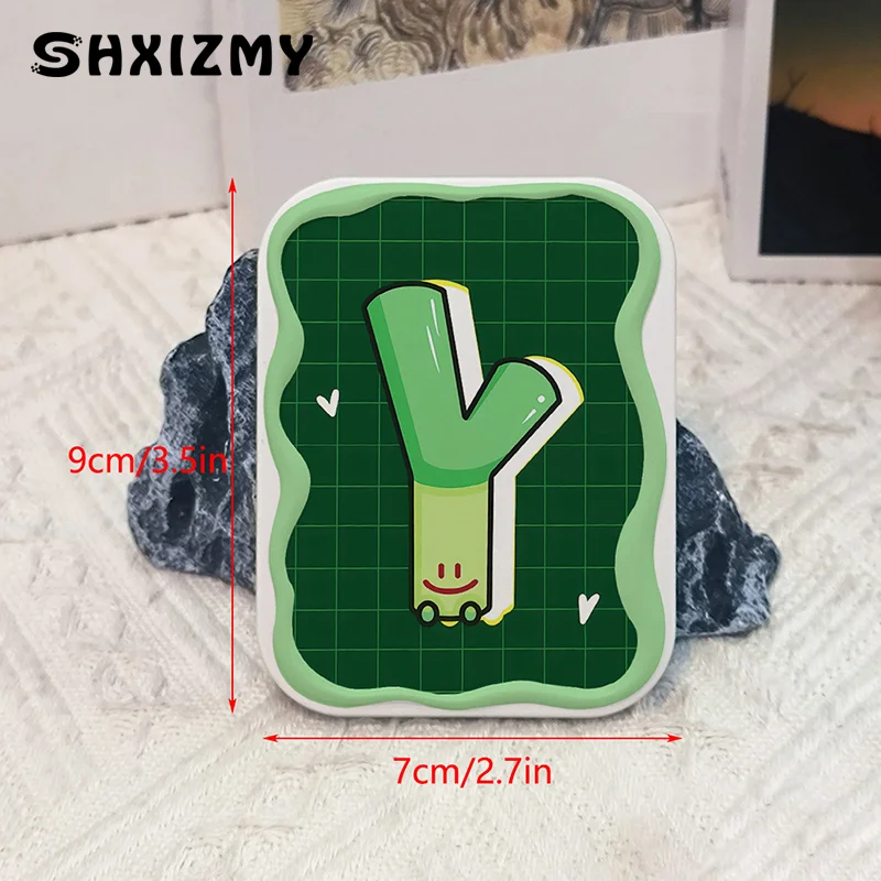 Cartoon Green Scallion Pattern Flip-Top Folding Makeup Mirror Portable Pocket Mirror Rectangle Cosmetic Mirror With Comb