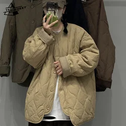 Lightweight Vintage Parka Men Women Korean Casual Loose Warm Cotton Coat Solid Quilted Crewneck Padded Jacket Winter Unisex Tops