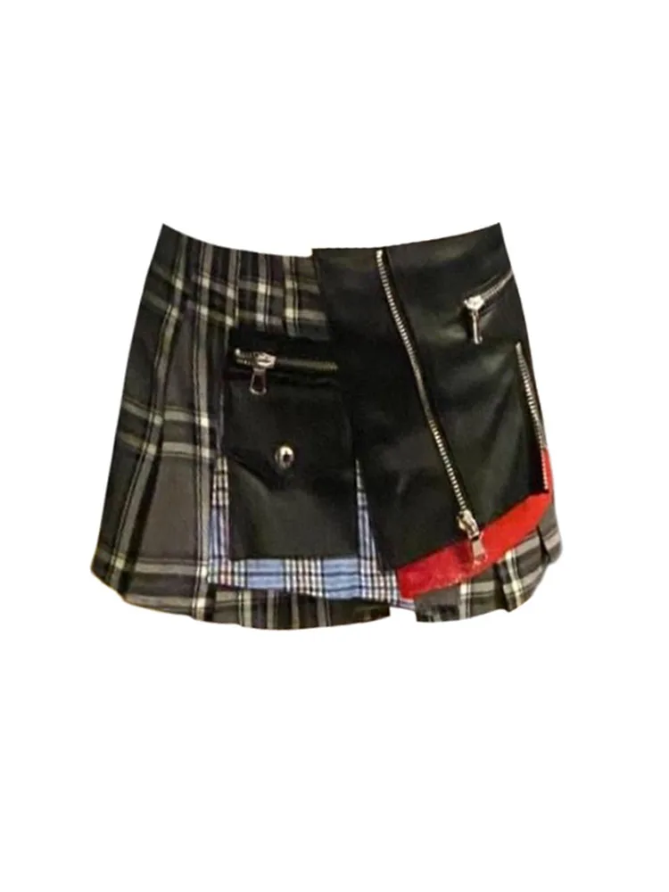 New Design Gyaru Fashion Black Patchwork A-line Skirt Women Summer High Street Pockets Sexy Slim Mini Skirt Hip-hop Streetwear