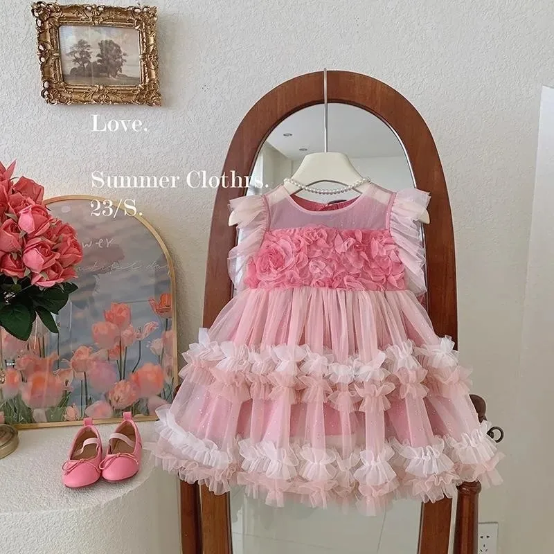 Korean Style New Summer Kids Girl Dress O-neck Cute Chiffon Yarn Pink Fashionable Cake Layered Princess Dresses K0038