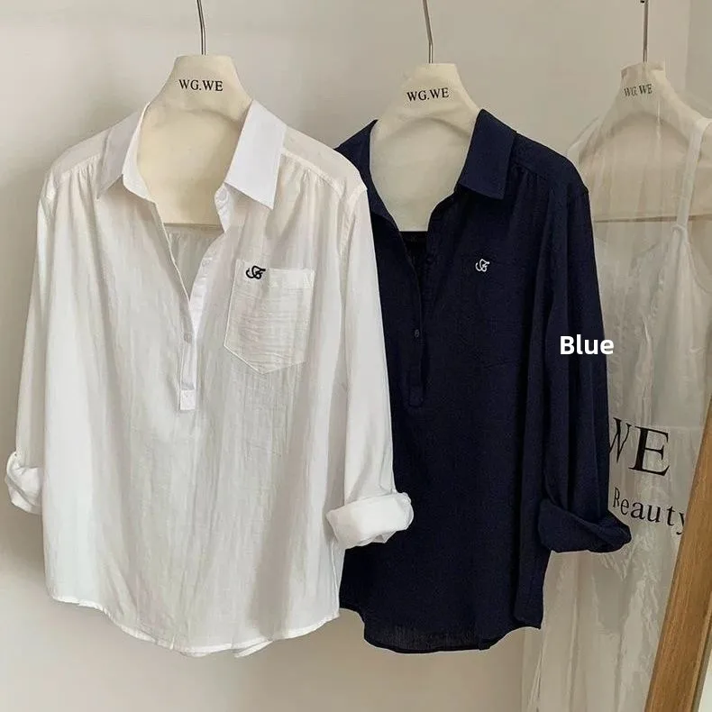 

New 2025 Women's White Sun Protection Thin irt Korean Sle Loose Fit Long Sve Pure Color Button down Office Wear