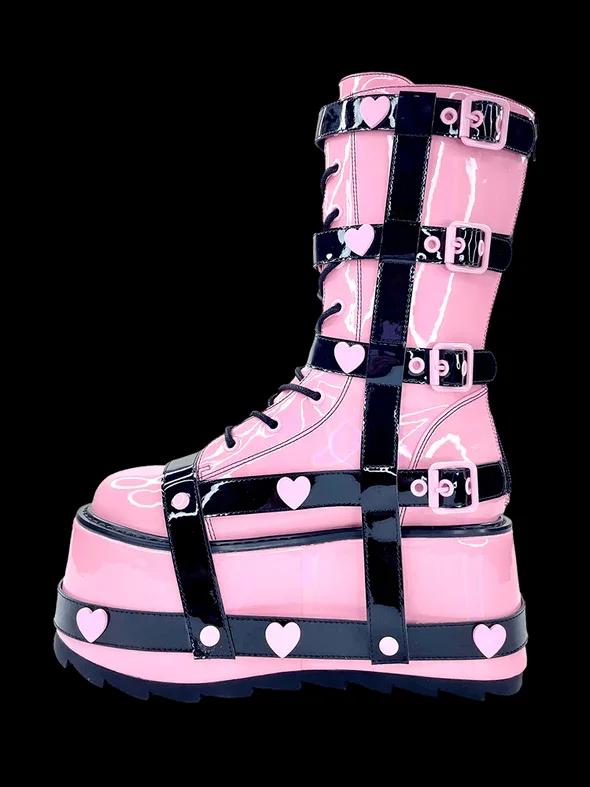 Pink and Black Flat Platform Heart Mid Calf Boots Lace up Round Toe Leather Cute Short Boots Big Size Design Party Lolita Shoes