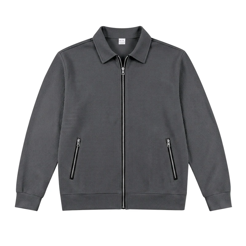 Herren Frühlings- und Herbstjacke aus Waffelstrick mit Reißverschluss, lässig, locker, leicht, mit Kragen, für den Alltag. – Detail 20
