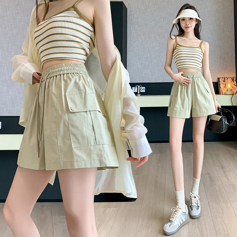 Y2K Drawstring Overalls Pleated Mini Skirts Women High Waist Solid A Line Skirt Petite Pocket Pants Wide Leg Pants Casual Skirt