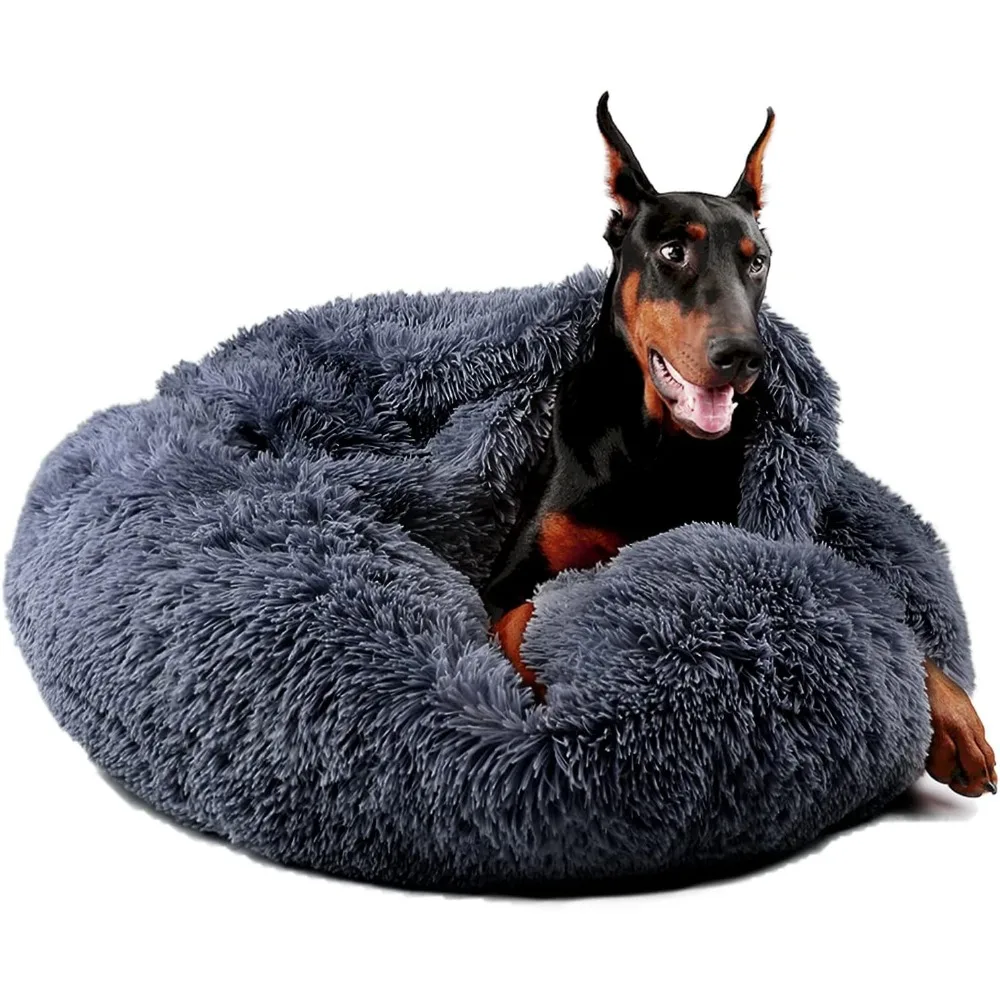 

Dog Beds for Large Dogs, Donut Dog Bed with Blanket Attached, Calming Dog Bed Washable (20"/26"/35") Grey