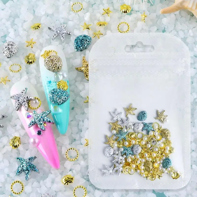 الصيف المحيط مسمار سحر 3D الراتنج المعدني مع اللؤلؤ الديكور الذهب الفضة الأزرق قذيفة نجم البحر برشام مجوهرات مسمار الفن التبعي