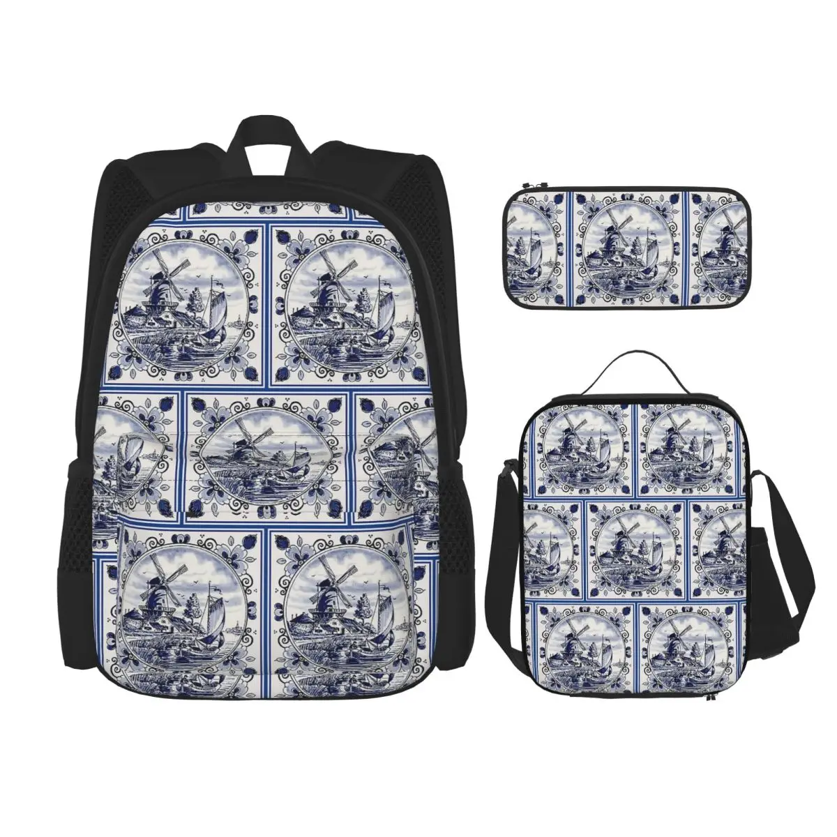 Dutch Blue Delft Vintage Windmill Print Backpacks Boys Girls Bookbag School Bags Rucksack Lunch Bag Pen Bag Three-Piece Set