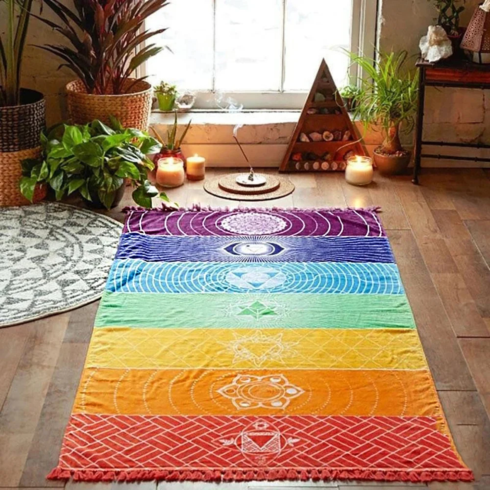 Bohemia Wall Hanging Blanket 7 Chakra Colored Rainbow Stripe Polyester Tapestry Home Decoration Yoga Mat for Meditation Runner