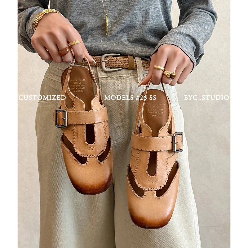2026 new summer women sandals natural leather 22-25.5cm cowhide+sheepskin close-toe cross-strap back-buckle women shoes fashion