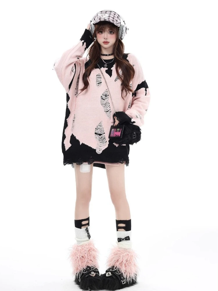 QWEEK Y2k Coquette Grunge Hollow Out Sweater Oversize Streetwear High Street Gothic Goth Harajuku Pullovers 2024 Autumn Fashion