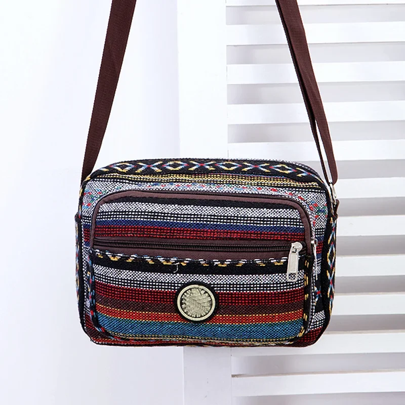 Multi Layer Messenger Bags for Women 2024 Striped Canvas Single Bag Woman Nylon Oxford Small Mobile Phone Crossbody Shoudler Bag