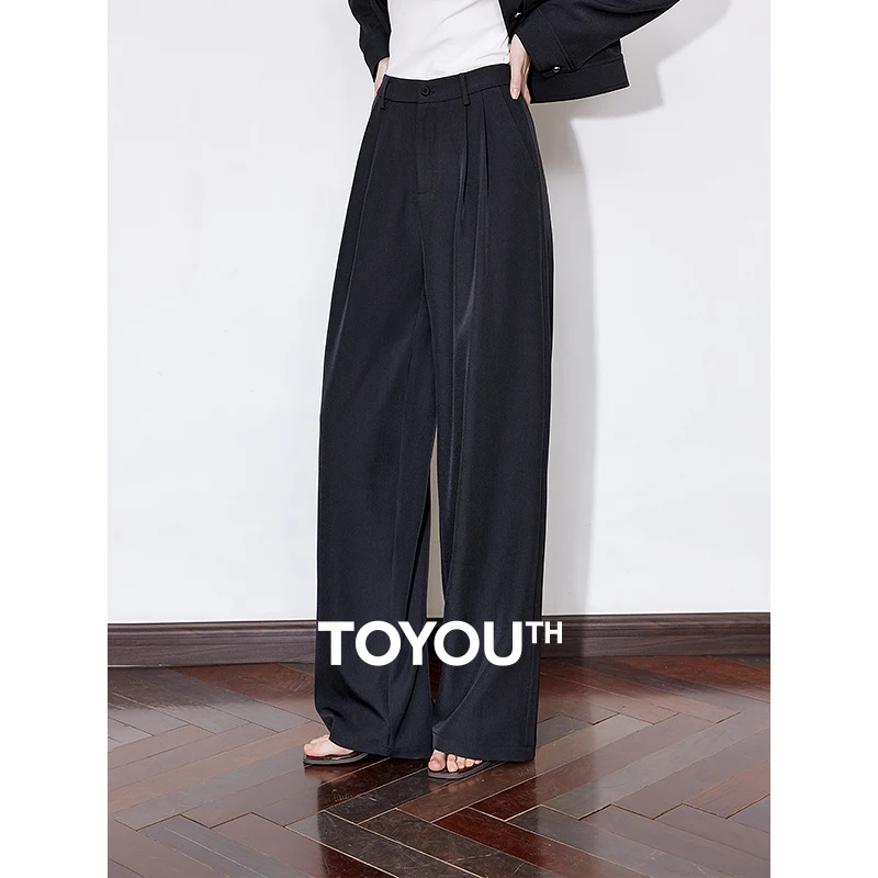 TOYOUTH Women Casual Pants 2025 Spring New High Waiste Straight Wide Leg Long Trousers